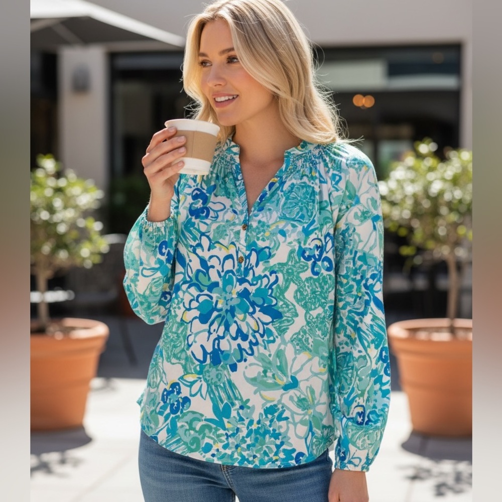 Lilly Pulitzer Blue Teal Floral Long-Sleeve Blouse